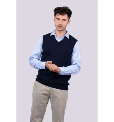 MEN’S V-NECK SLEEVELESS PULLOVER FINE GAUGE COTTON