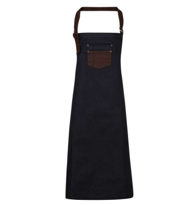 'DIVISION' WAXED LOOK DENIM BIB APRON WITH FAUX LEATHER